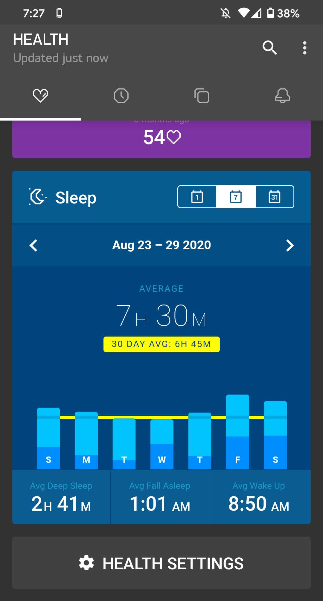 Screenshot of the weekly sleep graph.