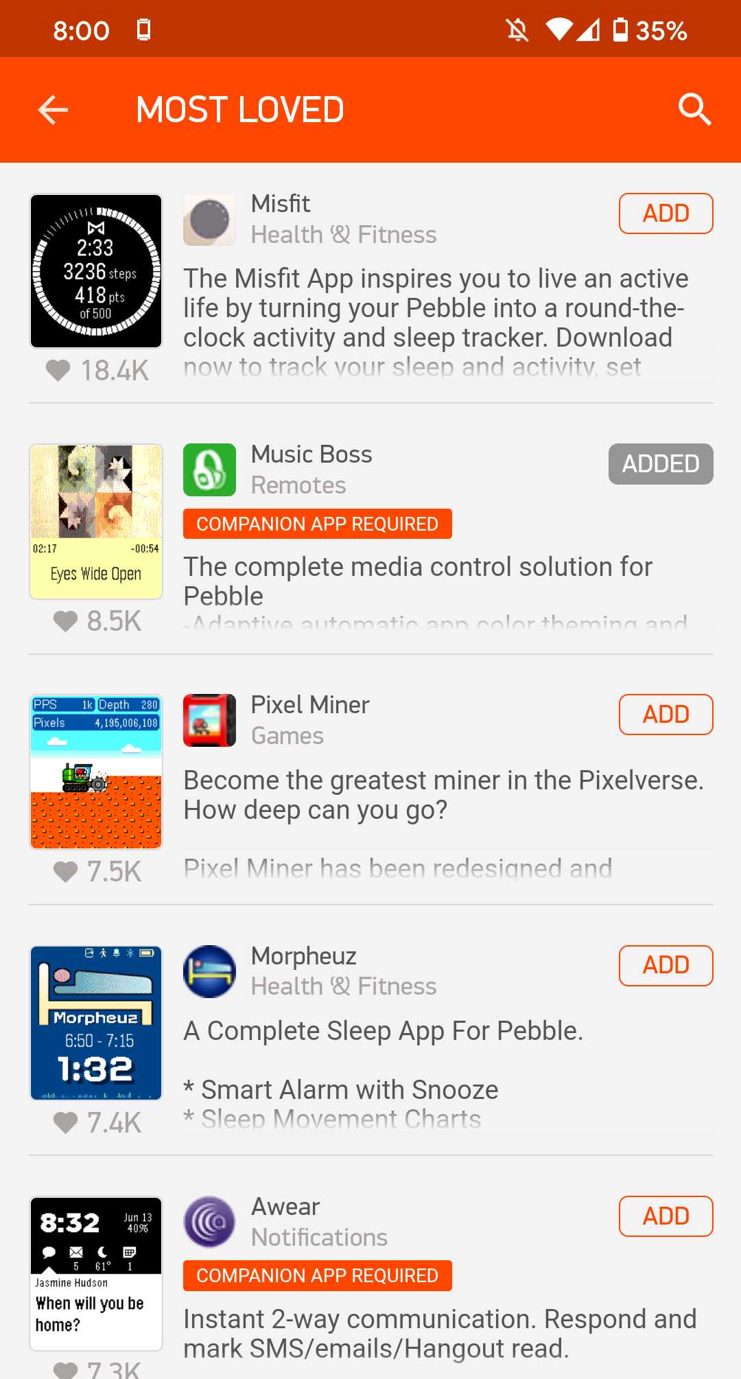 Screenshot of the list view for apps.