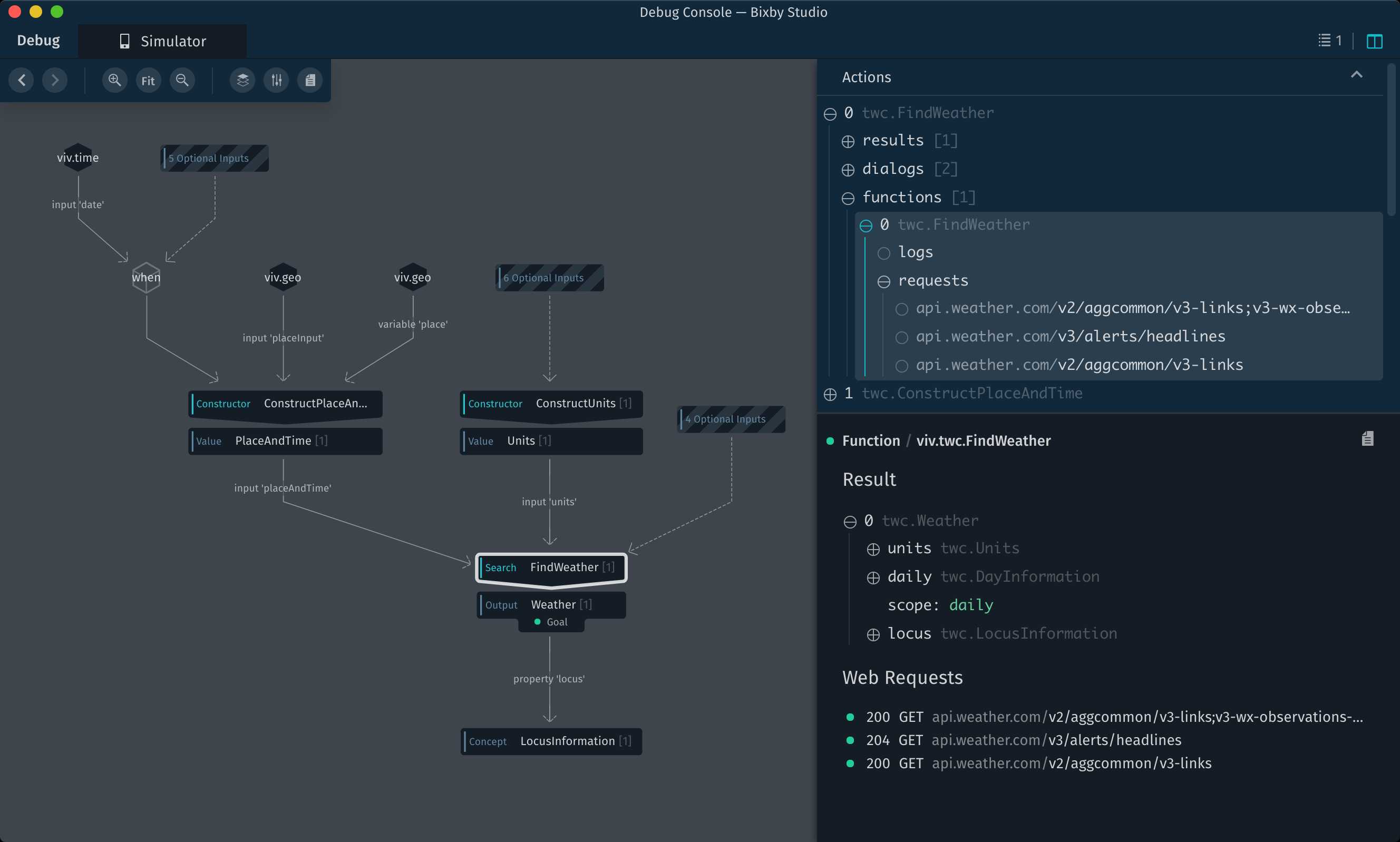 Screenshot of the Debug Console showing the result of a JavaScript function execution, including any web requests that were made during execution.