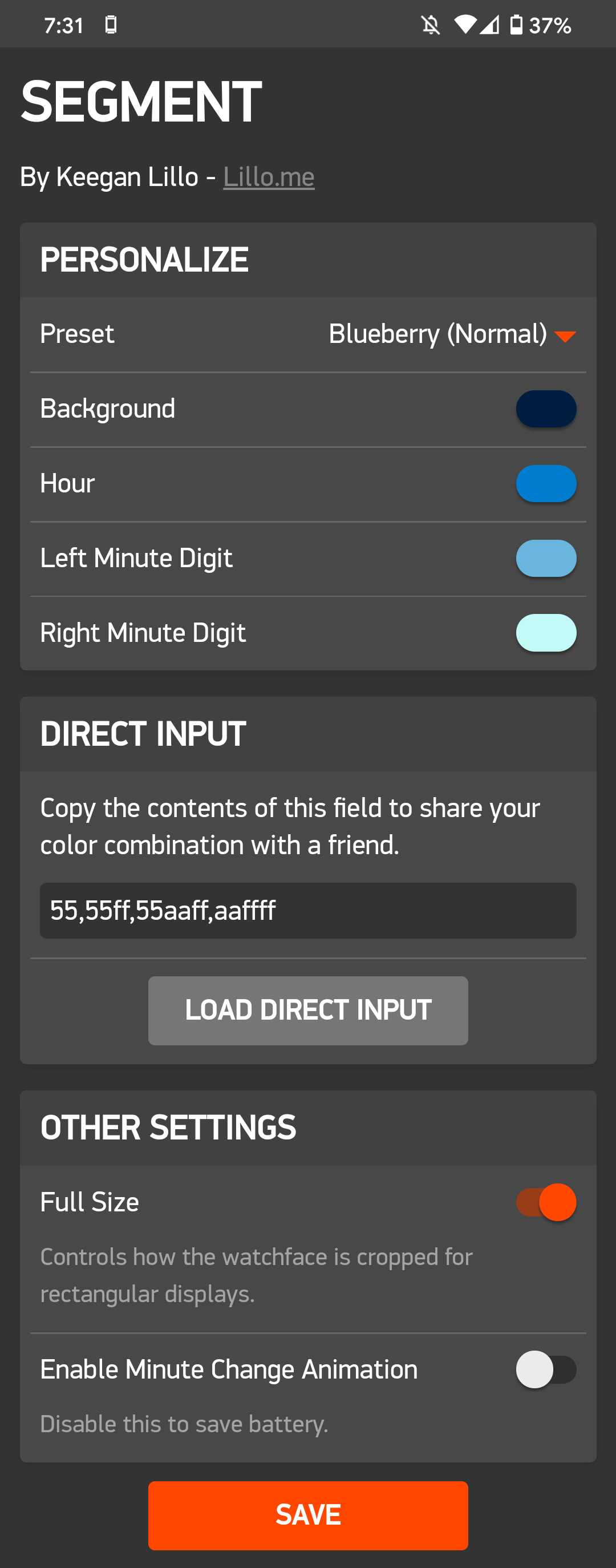 Screenshot of the a Clay settings page inside the Pebble mobile app.