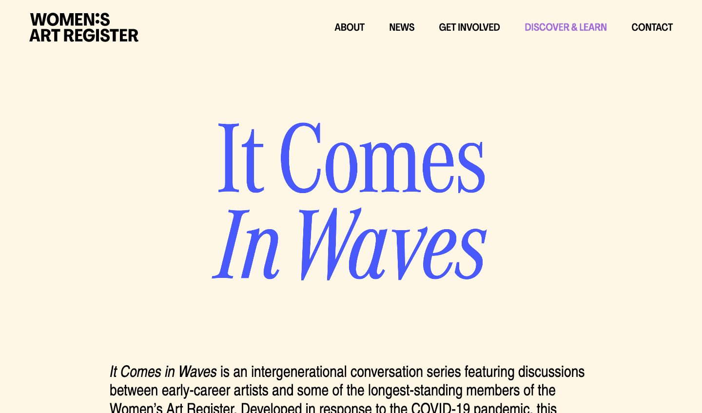 Screenshot of the "It Comes in Waves" conversation series page
