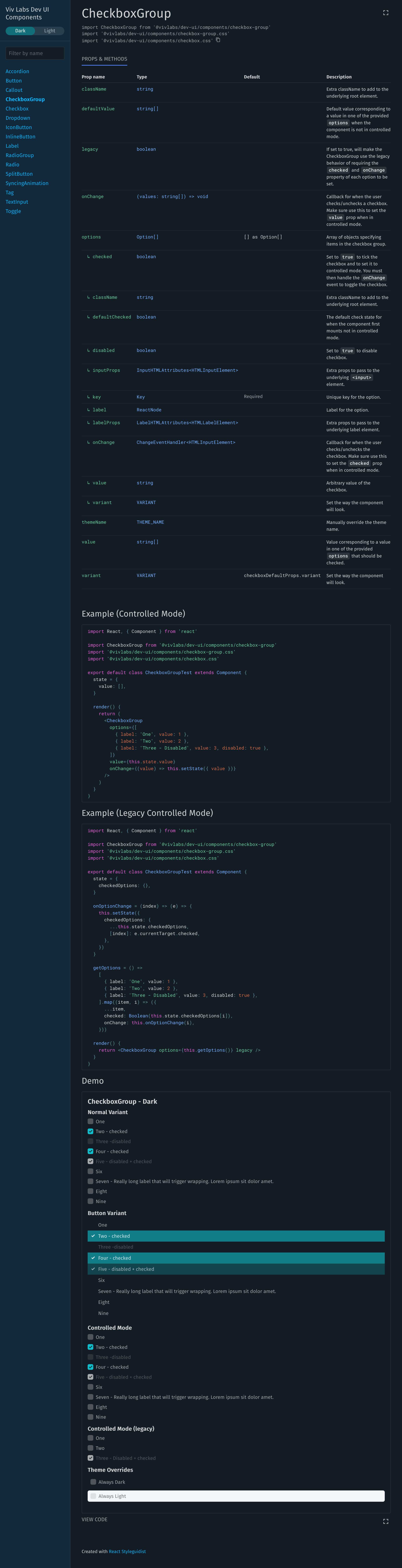 Screenshot of the "Checkbox Group" page of the documentation site. Depicting the available options, code example, and visual demo.