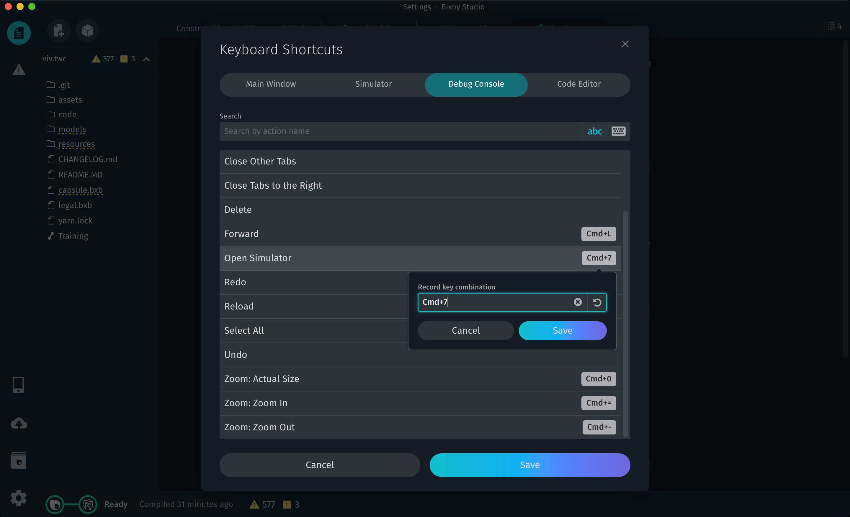 Screenshot of the keyboard shortcuts editor.