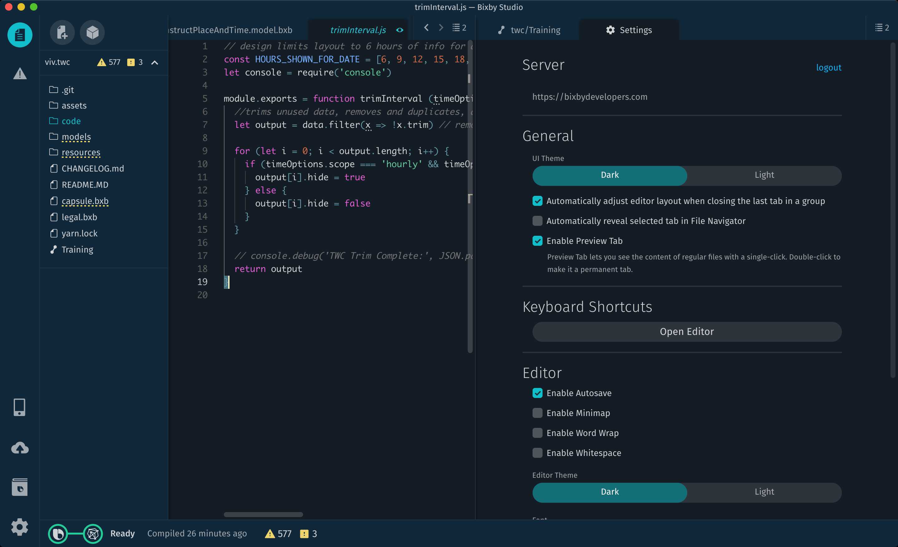 Screenshot of the editor split view with a JavaScript file on the left and the settings pane on the right.