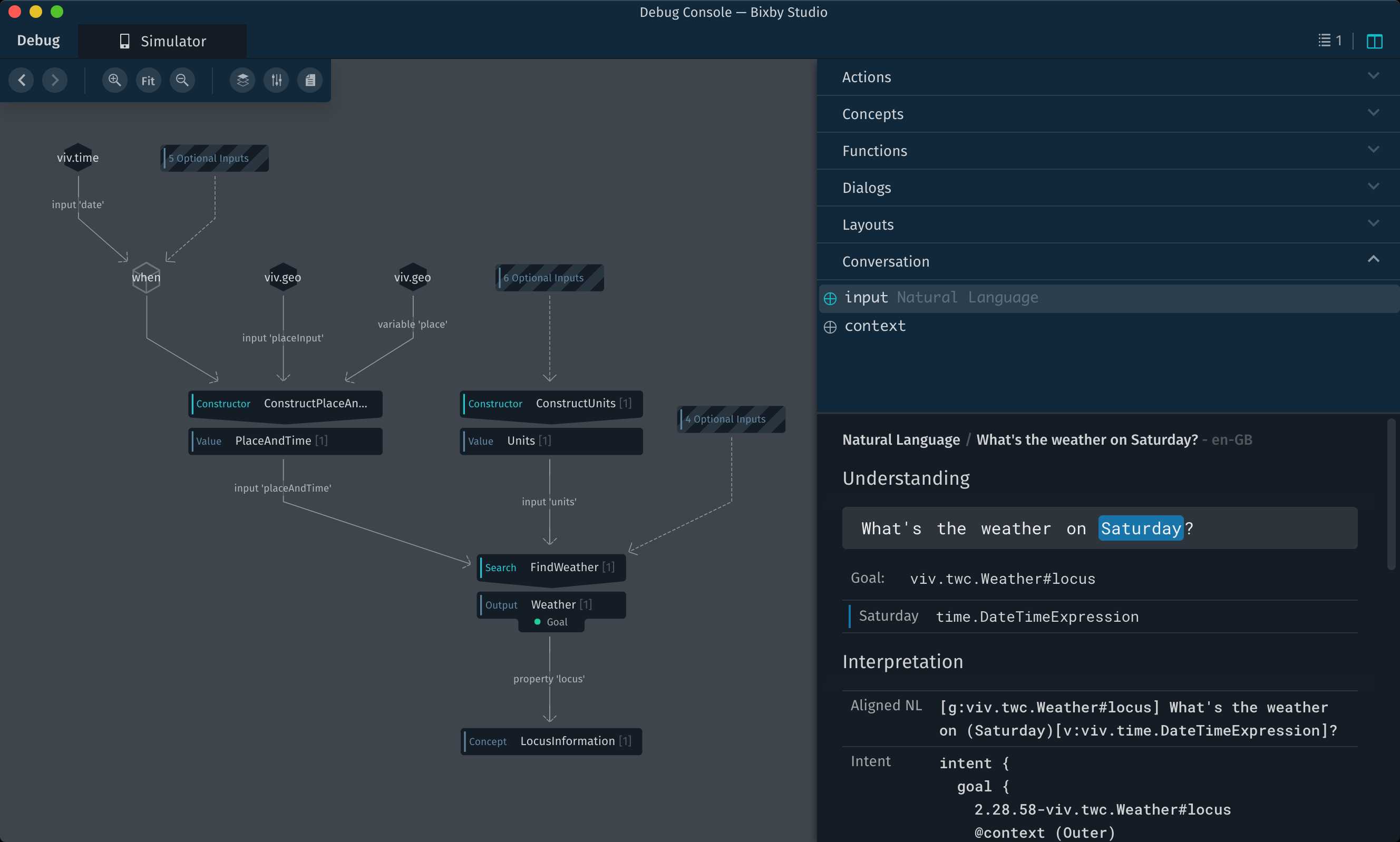 Screenshot of the Debug Console showing how the conversation has been interpreted, highlighting key words with their associated data types.