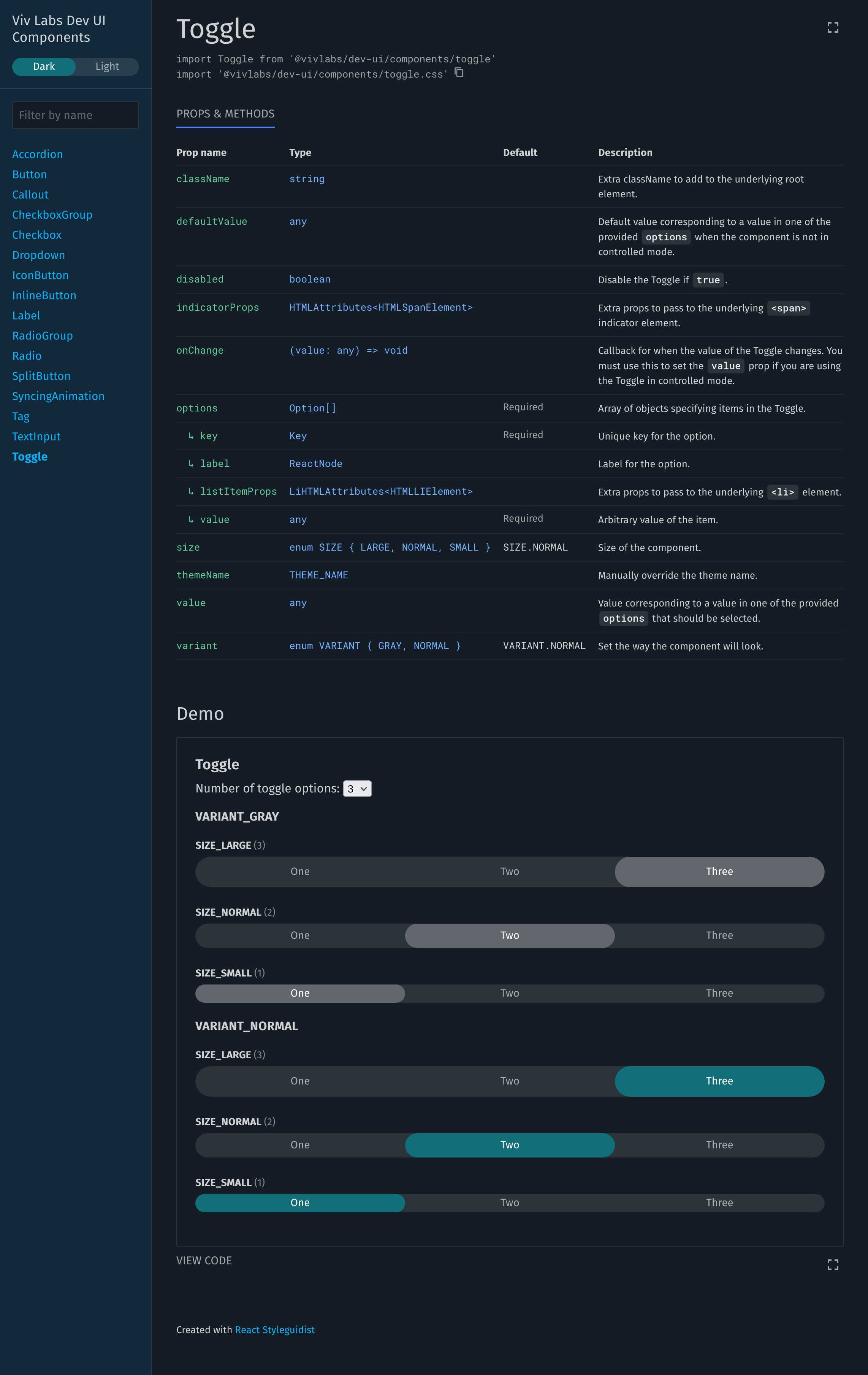 Screenshot of the "Toggle" page of the documentation site. Depicting the available options and visual demo.