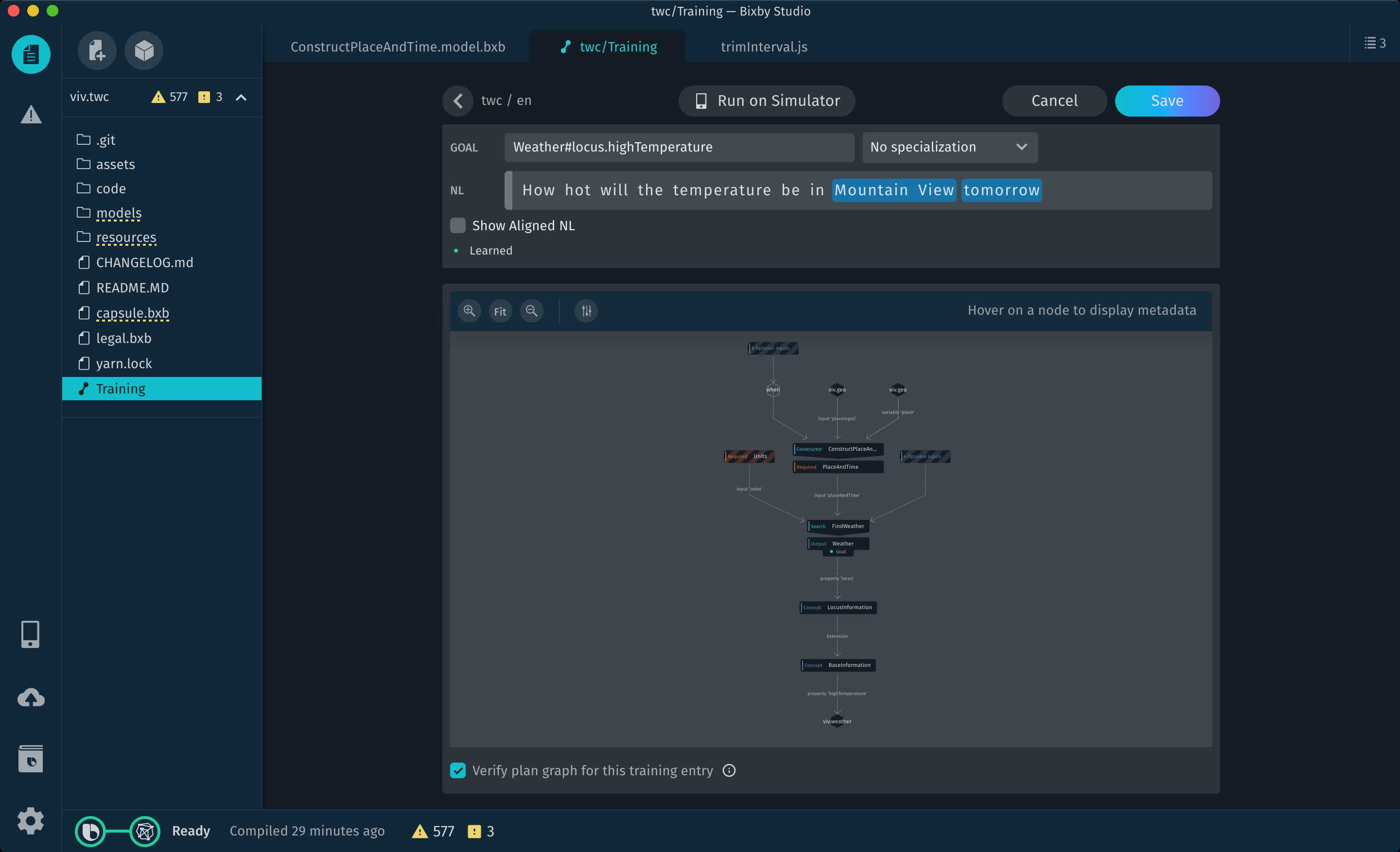 Screenshot of the training editor, featuring an interactive editor and graph depicting the execution flow for the utterance being edited.